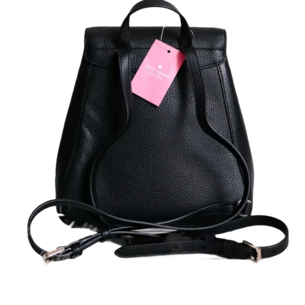 Kate Spade Leila Black Pebbled Leather Flap Backpack NWT